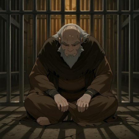 Iroh, solo, old man, bald, facial hair, grey hair, thick eyebrows, amber eyes, torn robe, barefoot, bandages, wrinkles, in prison, bars, sitting, masterpiece, best quality, amazing quality, score_9, score_8_up, score_7_up,