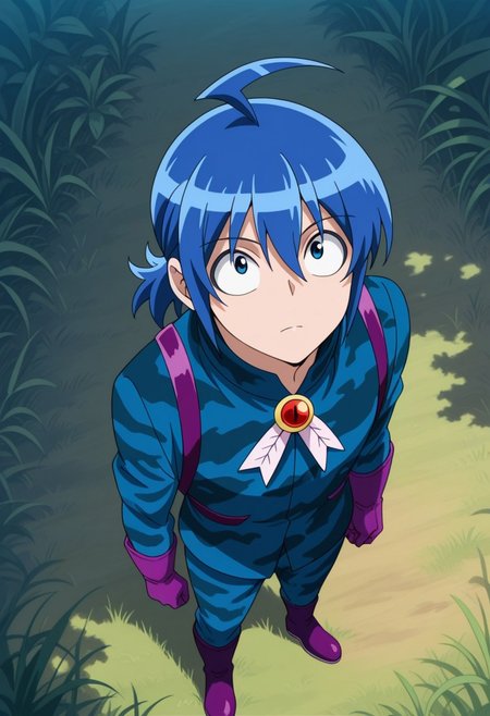 masterpiece,best quality,amazing quality, source_anime,
IrumaSuzuki, 1boy, blue hair, blue eyes, male focus, solo, ahoge, looking up, from above, grass, looking at viewer, outdoors, ponytail, , jacket, camouflage jacket, blue jacket, brooch, gloves, purple gloves, pants, camouflage pants, blue pants,, boots, purple footwear
outdoor, nature,