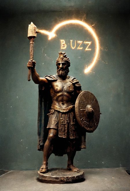 A bronze statue of a Greek Go, wearing heavy robes and holding a shield with lightning bolts, carved out of bronze, extending from his head. The word "BUZZ" is carved into the shield
buzz