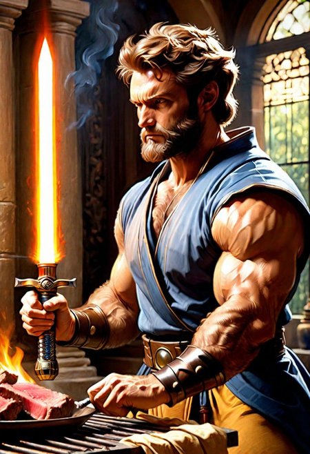 puppy wolverine Obi-Wan, grilling beef on light saber, 
Oil Painting, 
(Renaissance Paintings, Renaissance style, beautiful, painterly, detailed, textural, artistic),  (((intricate details, highly detailed, ultra-detailed, absurdres))), (unreal engine, octane rendering, Anti-Aliasing, sharp focus, natural lighting, high saturation, high contrast, vivid, vibrant, studio lighting, best texture quality), beautiful detailed scenery,
Style-Renaissance