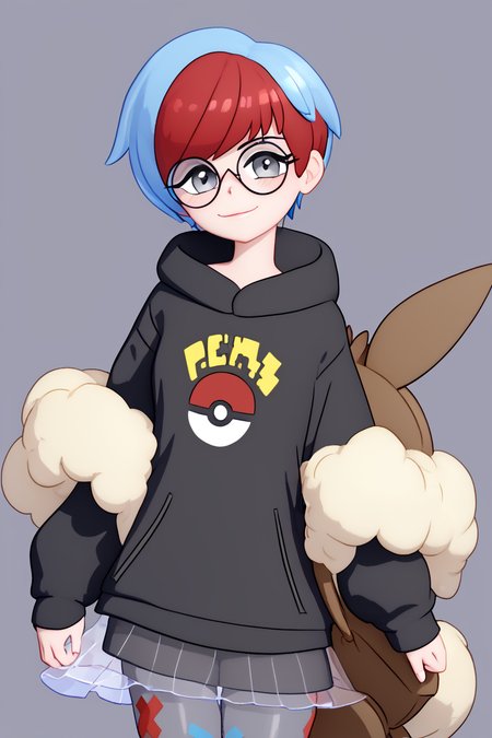score_9, score_8_up, score_8, medium breasts, (curvy), cute, eyelashes,       ,,, , ,,, zzPenny, grey eyes, glasses, short hair, red hair, blue hair, multicolored hair, round eyewear, two-tone hair,  long sleeves, hood down, black hoodie, backpack, bag, brown bag, pantyhose,   see-through skirt,   <lora:Penny_Pokemon_PDXL:1.0>,  ,,,, BREAK, smile, closed mouth, looking at viewer, cowboy shot,  ,,, embedding:zPDXL, Expressiveh, ,,, <lora:MantisStyle_PDXL_v2:0.8>, <lora:SDXLFaeTastic2400:0.5>, <lora:Expressive_H-000001:0.4>,