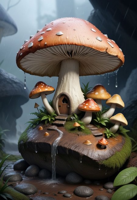 (masterpiece), realistic lighting, score_9, score_8_up, score_7_up, realistic, intricate details, 
rain falls heavy as a tiny snurf finds shelter under a mushroom,