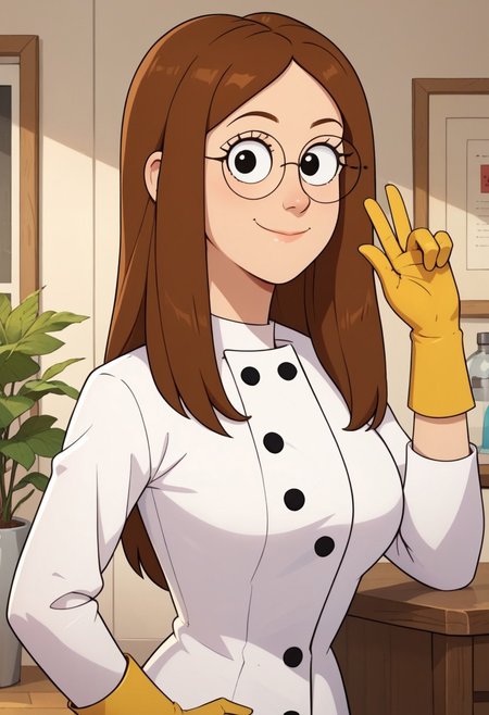 ((room background)),score_9, score_8_up, score_7_up,score_6_up, 
1girl, solo, Pam_RS, light skin, black eyes, round glasses, long straight hair, light brown hair, white lab coat, yellow gloves, grey pants, tall black boots, big eyes, cute, tall stature, social smile, perfect eyes, perfect smile, looking at the viewer, detailed eyes, perfect eyes, standing, big breasts (front pose, bust shot, close up to face, face portrait:1) five fingers, perfect hands, hand on hip, hand up