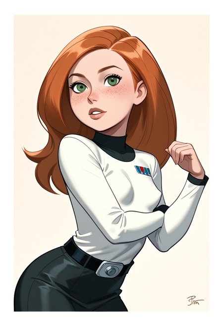 score_9, score_8_up, score_8_up, btimmsketch, 
1girl, 18yo Kim Possible, cute perfect face, red hair, long hair, green eyes, freckles, big round eyes, small breasts, perfect round breasts, perky breasts, Imperial Uniform, 
pin-up pose, halftone effect, white borders, abstract background:1.2