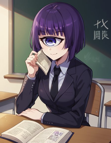 score_9, score_8_up, score_7_up, source_anime, <lora:cyclops-manako-s1-ponyxl-lora-nochekaiser:1>, manako, short hair, blue eyes, purple eyes, purple hair, one-eyed, cyclops, medium breasts,, shirt, necktie, formal, suit, black necktie,, classroom, chalkboard, day time, studying, sitting, chair, desk,, , , smug, hand on hips,, solo,, dutch angle,