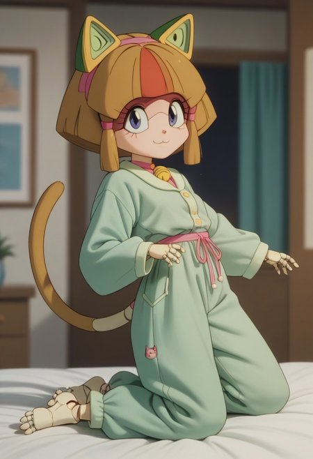1girl, solo, (Otama, cat girl, ((android)), doll joints, petite), score_9, score_8_up, score_7_up, score_6_up, score_5_up, score_4_up, chibi, short legs, cat tall, looking at viewer, 3/4 side view, slightly smil, medium breasts, thin waist, smile, blue eyes, blurry background, out of focus, Expressiveh, looks at the viewer, jyojifuku, pajamas, baggy pajama pants,