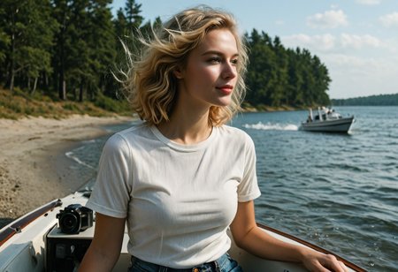 ((masterpiece, photorealistic, ultra-detailed)), a (stunning blonde woman with shoulder-length wavy hair) sits near the rear of a ((sleek, high-speed motorboat)), her (hair whipping wildly in the wind). She's wearing a (tight navy and white striped t-shirt) and (high-waisted denim jeans) that cling to her as the boat ((rockets across the water)). ((Powerful motion blur)) shows the (lake’s foamy wake trailing fast behind), while the (trees on the shore streak past in the background). Her expression is calm yet exhilarated, ((wind streaming across her face)), sunlight glinting off the water around her. ((Camera slightly low, capturing motion lines, wind in her shirt fabric, vibrant sky reflections)), ((water spray in the air)), ((dynamic energy, cinematic summer thrill)).