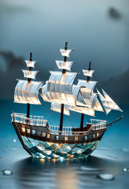 Pirate ship made of origame folded paper, swimming in a glass sea