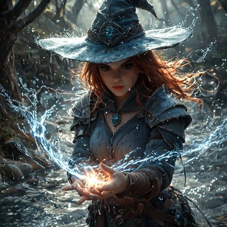 score_9, score_8_up, score_7_up, 1girl, 19 year old, casting magic spell, (duel, witches hat, witch steel armour, water spell, magic spell casting, action shot), ((witches hat)), (fire sword:0.9), fighting off-screen enemy, forest, spooky, haunted, water element, autumn, masterpiece, outdoor, curvy body, cute, red hair, determined expression, rain, windswept hair, (head and shoulder photography:1.1), portrait photography:0.8), pretty girl, grainy, (cold icy weather, dramatic lighting, dark theme, night time, backlit, <lora:RealisticSkinv1_ponyv6_loraplus:1.15:start=15>real skin, freckles, mole, dirty skin, looking at camera