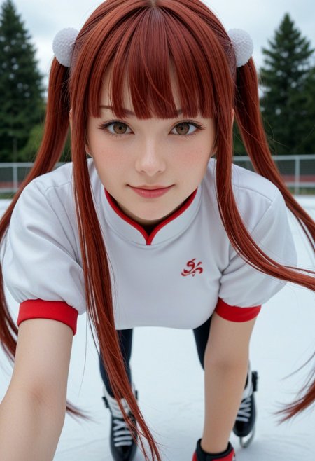 score_9, score_8_up, score_7_up, score_6_up, 
1girl, 25 years old, perfect face, (adult), sexy, close view, portrait, face focus, depth of field, looking at viewer, 
brown eyes,
red hair, very long hair, twintails, sidelocks, blunt bangs, floating hair,
pom pom (clothes), black red kung fu dress, puffy short sleeves, 
blush, shy smile, 
figure skating, ice skating, skating rink, ice skates, dynamic angle, dynamic pose, 
winter,