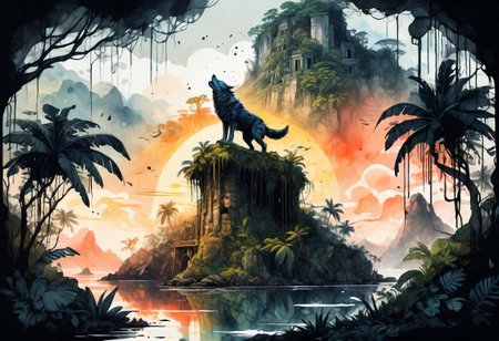 ink illustration, (masterpiece:1.2) detailed,  bright natural lighting, shadows, high contrast, a tropical island with jungle and ancient ruins, spirit wolf perched on top, mountain, majestic, in the caribbean, sunrise, trees, vines, overgrown, ink stains, ink splatters, ink runs, ink spots, faded ink, linquivera