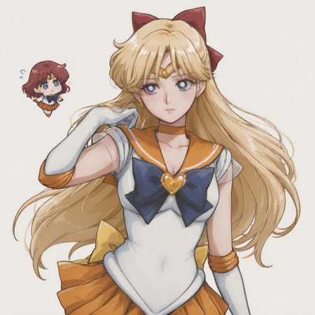 masterpiece, best quality, very aesthetic, newest, absurdres, highres,arikuigames1105, chibi,white background,simple background,
floating,1 girl,sailor venus,blonde hair,blue eyes,tiara,bow,red hair bow,half updo,long hair,red bow,yellow back bow,heart brooch,choker,elbow gloves,jewelry,magical girl,leotard,orange choker,orange sailor collar,orange skirt,sailor collar,sailor senshi uniform,skirt,white gloves,gloves,hair flip,confident