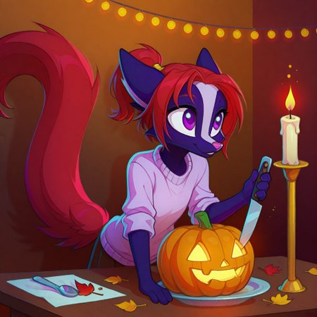 Dreamkeepers,Indi_and_Digo,1girl,solo,furry,tail,source_furry,,red hair,purple fur, purple eyes,
child, kid, 
mini_pumpkin, carving_knife, spoon, seeds, table, sweater, candle, autumn_leaves, tray, napkin, cinnamon
Scene: A crisp autumn afternoon at a wooden table, someone carving a palm-sized pumpkin with a small knife, scooping out seeds with a spoon. A cozy sweater sleeves are rolled up, a tray collects the mess, and a napkin wipes sticky hands. Fallen leaves are tucked around as decoration, a candle flickers inside the finished pumpkin, and a dusting of cinnamon adds a warm, cute touch to the seasonal vibe