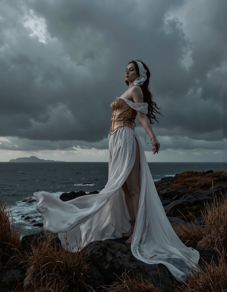 . A photo-realistic shoot from a side camera angle about a woman in a flowing dress standing on a rocky cliff overlooking the ocean under a stormy sky. the image also shows dramatic clouds and a distant island in the distance. on the middle of the image, a woman, who appears to be in her mid-twenties, with long brown hair, is standing with her full body facing the viewer. she has a serene expression, with her eyes closed and her mouth slightly open. she is wearing a strapless, off-the-shoulder, long, flowing white dress with a gold corset and a thigh-high slit, revealing her bare shoulders and bare shoulders. the dress is flowing in the wind, and she is standing on the rocky cliff, with the ocean stretching out in front of her. the woman is surrounded by tall grasses on the right side, and the dramatic clouds in the background add to the moody atmosphere.