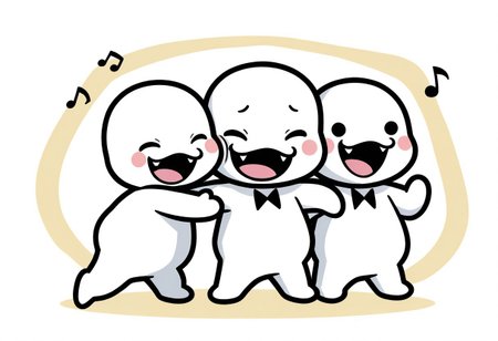 ch0rus_RH, 3boys, clone, multiple boys, lineup, no nose, white skin, solid circle eyes, black eyes, :3, smile, open mouth, fangs, tongue, masterpiece, absurdres, amazing quality, ultra-detailed, best quality, miniperson, short, no humans, chibi, black bowtie, hands up, full body, blush stickers, slightly chubby, music note, group hug, one eye closed, closed eyes, laughing, happy, cute, 
BREAK 
simple background, abstract background, shadow, detailed shading,