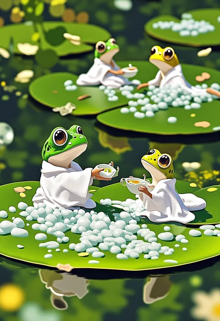A luxurious lily pad spa where frogs are lounging in tiny robes, some enjoying cucumber masks, others soaking in bubble baths made from dewdrops. One tiny frog is struggling to keep its towel on, while another is dramatically sipping tea with a smug expression, Atey Ghailan Style