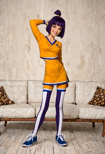 score_9, score_8_up, score_7_up, 1girl, dynamic pose, cowboy shot, light smile, looking at viewer, sitting on couch, simple background, 
 <lora:Theresa Fowler ( Randy Cunningham: 9th Grade Ninja ):1.1>,Theresa Fowler, solo, 1girl, short hair, purple hair, ponytail, gold hair band, blue eyes, gold cheerleader uniform, long sleeves, black and white stripe pattern leggings, blue shoes, flat stomach,wasp waist