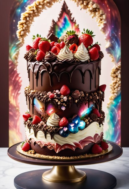 a chocolate cake surrounded by cereals and cocoa powder detailed with stawberry creme,, chocolate cake by Jed-ChocoC, decorated with red aura quartz by Jed-Auquartz