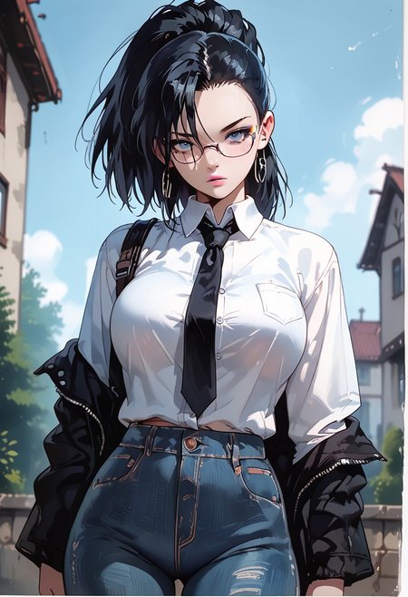 (score_9, score_8_up, score_7_up),  melkor_style,
score_9, score_8_up, score_7_up, score_6_up, score_5_up, score_4_up, source_anime, high detailed, high quality, masterpiece, source_anime, high detailed, high quality, masterpiece, 1 girl, 1 boy, couple, romantic couple, straight, hetero, heterosexual, (1 boy, black eyes, black hair, hair between eyes, short hair, school uniform, frame glasses, button down shirt, tie, jacket, houdie, open jacket, blue eyes, jeans), (1 girl, yaoyorozu momo, long hair, bangs, black hair, ponytail, black eyes, high ponytail, wide ponytail, pink lips, big breasts, school uniform, button down shirt, cleavage, pleated skirt, pantyhose), looking at viewer, low angle, background room, cowboy shot, anime screencap, watercolor \(medium\), traditional media, neon.