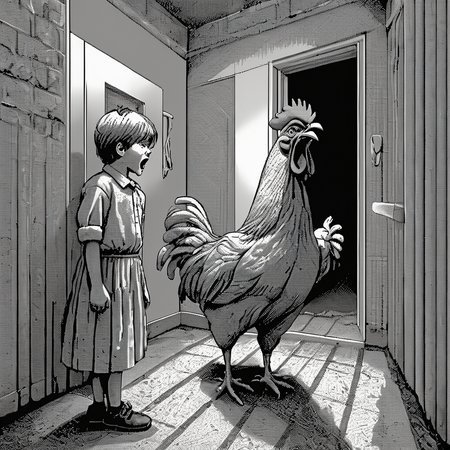 <lora:Macpaint-XL-000015:1>, Macpaint, a black and white pixel image of a chicken screaming at a terrified child, pixel art, best quality, masterpiece, dithering, intricately detailed