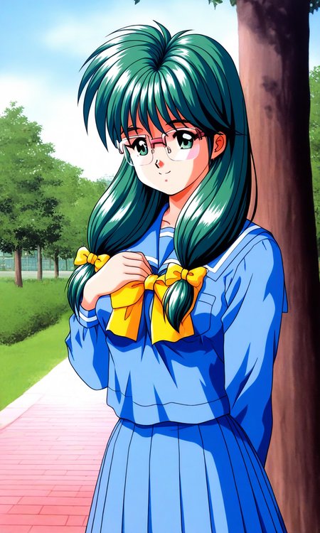 general,highres, ultra-detailed,very aesthetic,best quality ,best hands, BREAK <lora:Kisaragi_Mio_Tokimeki_Memorial_Ver2.0_IS:1>semi-rimless eyewear,
Kisaragi_Mio(Tokimeki_Memorial), 1girl, solo, green hair, twintail, long hair, green eyes, hair over shoulder, Yellow bow, hair bow, low-tied long hair, medium breasts, 
school uniform, light blue serafuku, blue skirt, Yellow bow, hand on own chest, sailor collar, light blue sailor collar, smile, long sleeves, pleated skirt, 
outdoor, tree, sky,