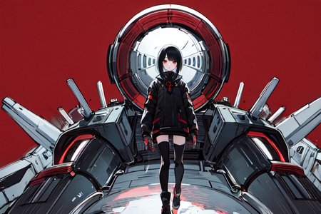 highly insanely detailed, masterpiece, top quality, best quality, highres, 4k, 8k, RAW photo, (very aesthetic, beautiful and aesthetic),  
tsutomu nihei,nihei_tsutomu,blame!,blame gakuen!,abara,TNstyle,sidonia_no_kishi,(giant room,space,spacecraft,megastructure in background), 
<lora:ABARA:0>, 
(1girl:1.3), 
solo focus, 
(pure red background,transparent background:1.2),âââ