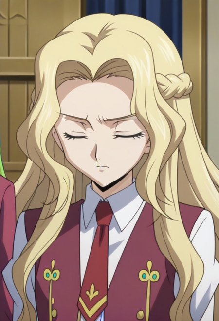 anime screencap, masterpiece, best quality, Code Geass anime art style, <lora:Nunnally_Lamperouge:1>Nunnally Lamperouge, 1girl, ashford academy school uniform, long hair, necktie, school uniform, closed eyes,