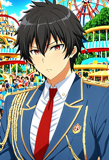 high resolution, solo, best quality, 1Boy, Seiya Kanie, black hair, short hair, Manager, Wihite Shirt, Blue Jacket, theme park, gold aiguillettes, red tie, OverallDetail