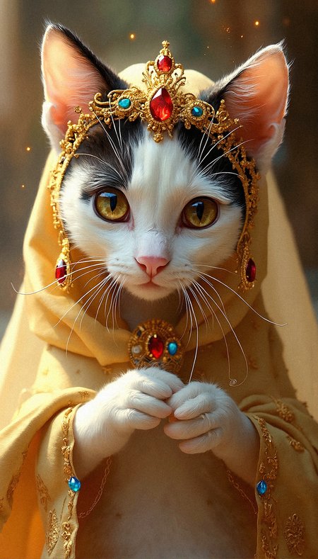 an incredibly realistic scene of a white kitten wearing a majestic golden veil, rendered with high attention to detail. The cat’s eyes, large and amber, should be given a reflective quality that captures the viewer’s gaze. The golden veil should be richly detailed with intricate patterns, cascading elegantly over the cat’s head and shoulders, with delicate folds that suggest a soft, luxurious fabric. The veil should be adorned with a diadem featuring a prominent red gemstone, surrounded by golden filigree, which sits on the cat’s forehead like a crown. Alongside the veil, include dangling gold earrings with colorful blue and red gemstones, adding to the feline’s regal aura. The texture of the fur should be lifelike, with individual strands visible, particularly the white fur that frames the cat’s face and contrasts with the black fur on its head and back. Use a warm, soft background in shades of beige and gold, with subtle light reflections that complement the golden tones of the attire. The lighting should be soft and ambient, accentuating the sparkle of the gemstones and the gentle sheen of the fabric. Focus on capturing the exquisite details of the jewelry and the cat’s expression, which should convey both serenity and nobility, making the viewer feel as though they are in the presence of a royal, mythical creature. Add small, magical light particles around the gemstones to give them a faint, enchanted glow, enhancing the fantastical elements while maintaining photorealistic textures and lighting.Leaning forward with its paw clasped together, looking directly into the camera with an intense gaze.





