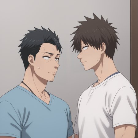 score_9,score_8_up,score_7_up,score_6_up,score_5_up,score_4_up,fujio uzaki,sakurai shin'ichi,2boys,multiple boys,male focus,shirt,sanpaku,white shirt,upper body,t-shirt,sweatdrop,blue shirt,closed mouth,<lora:shinichi_sakurai_V2-3-000010>,