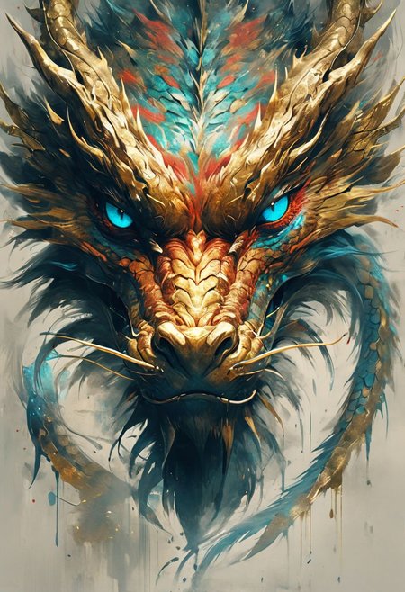 minimalism style, WLOP art style, a character worrior , facial muscles,  eye light, dragon behind, cinematic foootage,  fantasy, intricate details,8k post production,dark gold tone blue red white green