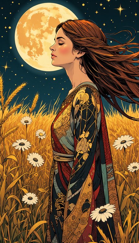 Composition and Focal Points:

Central Figure: A woman in profile view stands amid a field of wheat or tall grass, her long flowing hair and elaborate dress creating dynamic movement across the composition. She's positioned slightly left of center, creating a balanced asymmetrical composition.
Profile Portrait: The woman's face is depicted in a delicate, illustrative style with closed eyes, long lashes, and serene expression, suggesting a dreamlike or contemplative state.
Full Moon: A large, detailed full moon occupies the upper left quadrant, serving as a secondary focal point and creating visual balance with the figure.

Artistic Style:

Style: The artwork combines elements of Art Nouveau with contemporary fantasy illustration. The detailed linework and decorative patterns show influence from Gustav Klimt's ornamental style.
Technique: Mixed media appearance combining painterly elements with intricate pattern work and possibly digital enhancement.
Approach: The style balances realism in the moon and facial features with decorative, stylized elements in the dress and surrounding environment.

Color Palette:

Primary Colors: Rich earth tones dominate, including golden wheat, bronze and copper dress patterns, and deep navy-black sky
Secondary Elements: Cream-colored dandelions or similar round flowers, silvery-white moon
Accents: Small dots of warm orange and gold stars scattered across the night sky
Dress Details: Complex patchwork of metallic golds, deep reds, browns, and black with intricate patterns

Lighting and Tonal Qualities:

Moonlight Effect: The full moon creates a natural light source, casting a warm glow across the scene
Ambient Light: Golden starlight adds depth to the dark sky
Contrast: Strong contrast between the dark sky and illuminated elements (moon, flowers, dress details)

Textures and Patterns:

Hair Detail: Intricate flowing lines create movement in the woman's long hair, which appears to be caught in a gentle wind
Dress Patterns: Complex patchwork of geometric and organic patterns resembling textile designs, possibly inspired by vintage fabrics or quilting
Field Texture: Linear strokes represent wheat or tall grass, creating directional movement
Flowers: Circular, spiral patterns in the white flowers add organic geometric elements

Mood and Atmosphere:

Emotional Quality: Dreamy, mysterious, and romantic atmosphere
Time Setting: Night scene with celestial elements suggesting magic or enchantment
Environmental Elements: The combination of wild nature and ornate clothing creates a fairytale-like quality