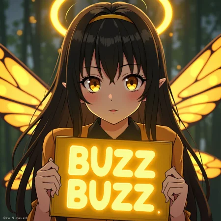 sexy anime bee  girl holding a sign that says text:BUZZ BUZZ realistic textured painterly, (by misawa hiroshi:1.15), cinematic, realistic, nose, lips, (glowing yellow aura:1.1) theme, (dynamic pose:1.2), glowing yellow arms, aurel crown, 1girl, black hair, straight hair, sideways glance, staring, glowing yellow eyes, slit pupils, thick eyelashes, long eyelashes, glowing halo, winged halo, elf ears, glowing clothes, glowing eyes, black feathers, feathered wings, detailed background, glowing theme, very awa, best quality, highres, masterpiece, 