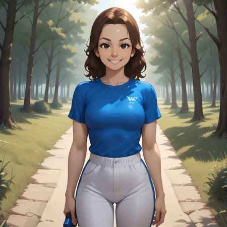 score_9, score_8, BREAK, solo, wii, mii, wii sports, 1girl, female mii, brown hair, black eyes, brown eyebrows, freckles, dark blue clothing, white pants, shoes, nintendo mii, modern_mii, classic_mii, breasts, Cali_(OC_Mii), cute, sexy pose, smile, outdoors, sunlight, shadows, evening lighting, natural lighting, forest, trees, grass, orange sky, sunset
