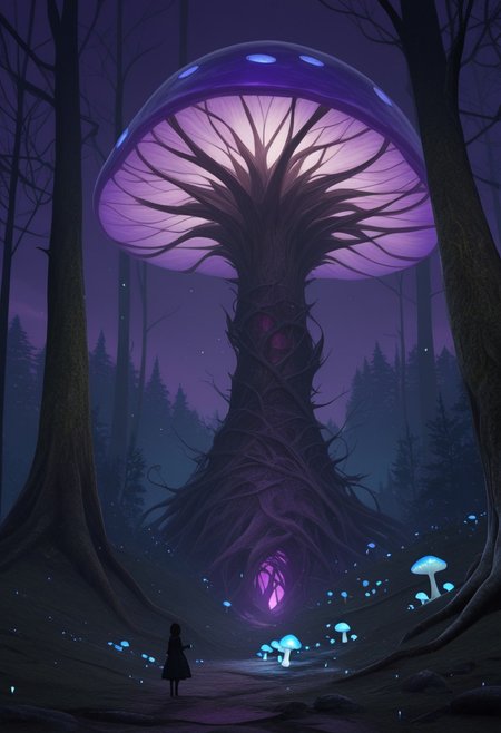 AMAZING QUALITY, MASTERPIECE, W1CK3D, WONDERLAND, SCENERY, NIGHTMARE, PURPLE SKY, GRIM FOREST, GLOWING MUSHROOMS, LIGHT PARTICLES