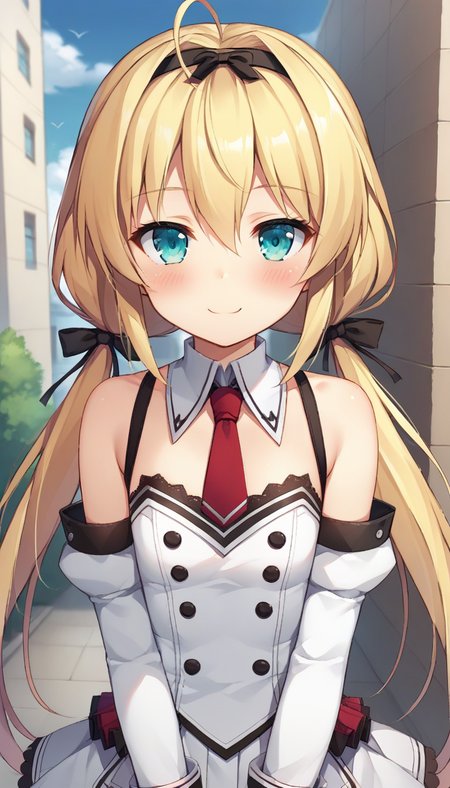 score_9,score_8_up,masterpiece,best quality,correct anatomy,anime_source,1girl,solo,perfect eyes,perfect arms,perfect legs,perfect face,outdoors,upper body,(portrait:1.5),looking at viewer,facing viewer,smile,blush,Sara Tiffal,ahoge,very long hair,blonde hair,black hairband,low twintails,hair ribbon,sidelocks,hair between eyes,aqua eyes,detached collar,red necktie,cleavage cutout,white jacket,double-breasted,detached sleeves,white gloves,flat chest,miniskirt,white skirt,pleated skirt,lace trim,zettai ryouiki,white thighhighs,lace-trimmed thighhighs,thigh boots,white footwear,<lora:Sara Tiffal(jcb)-Pony:1.2>,