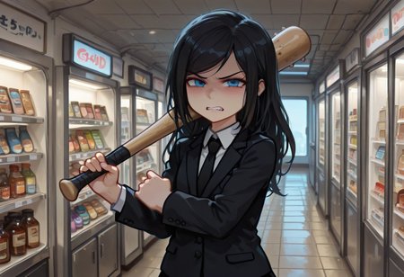 masterpiece,best quality,amazing quality,gacha, gacha, g64oldelugdd, g64oldelugdd, girl, black hair, long hair, blue eyes, black tie, black skirt, black jacket with tie, shop cel-shading, store,  (dark:1.5), backlit, (upper body shot), holding baseball bat, angry face, aggressive pose, angry pose, dynamic pose