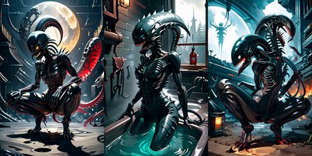 (otherworldly), highly insanely detailed, masterpiece, top quality, best quality, highres, 4k, 8k, RAW photo, (very aesthetic, beautiful and aesthetic), 
__lazy-wildcards/cosplay-char/alien-predator/xenomorph/prompts__, 
<lora:FemXeno:0.6>, 
(1girl:1.3), eyes focus, 
__lazy-wildcards/dataset/background__,âââ