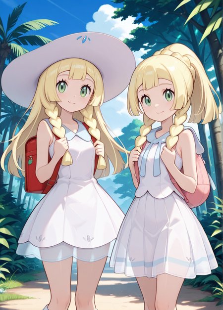 masterpiece, best quality, amazing quality, very aesthetic, absurdres, newest, detailed background, cowboy shot, outdoors, looking at viewer, official style, 
lilliexd, blonde hair, bag, hat, green eyes, braid, long hair, sleeveless, skirt, dress, white dress, white headwear, sun hat, sleeveless dress,  backpack, holding strap, twin braids, socks, 2girls, multiple girls, smile, ponytail, white skirt, dual persona, pleated skirt, standing, shirt, bangs, see-through,
 <lora:Lillie_-_Pokemon_Illustrious:1>