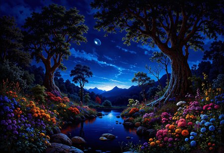 (in full view:1.2), (seen from a distance, wide angle:0.55), The style a combination of [Issac Asimov|Igor Zenin|Heather Theurer], Under lighting, alien planet, alien plants, bioluminescent plants. Harmonious madness, synergy with chance, unique art style, mind bending art. Digital painting in a realistic style representing strange visions of A forest, struck by a meteorite that has been altered by radiation coming from the meteor. The forest, once a popular place for walks has transformed into something out of another dimension. The trees, plants and animals have all begun to transform into life forms alien to earth. The wild flowers have developed unusual growth patterns, most have become vines with smaller flowers and are less colorful. The trees have stayed their usual green color but their shape and size have been altered.  A digital rendering, high-res, ultra detailed, photo manipulation, altered realities, <lora:+FluxVelvet's_Mythic_Fantasy:0.7> <lora:Midjourney_Whisper_Chromaplex_Velvet_Myst_v01:0.4> <lora:Epic_gorgeous_Details-flux.1:0.4> <lora:Amazing_scenery_v3:0.6> <lora:UltraReal_Fine-Tune:0.3> <lora:Realism-lora-Flux:0.6> <lora:low-light-flux-v2:0.5>