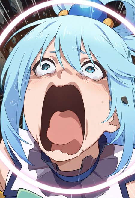 1girl, solo,
Aqua \(Konosuba\),
aquascreaming, screaming, open mouth, crying with eyes open, face focus, 
super scream, shockwaves, concentric rings, debris,
emphasis lines,
masterpiece, best quality, amazing quality,
