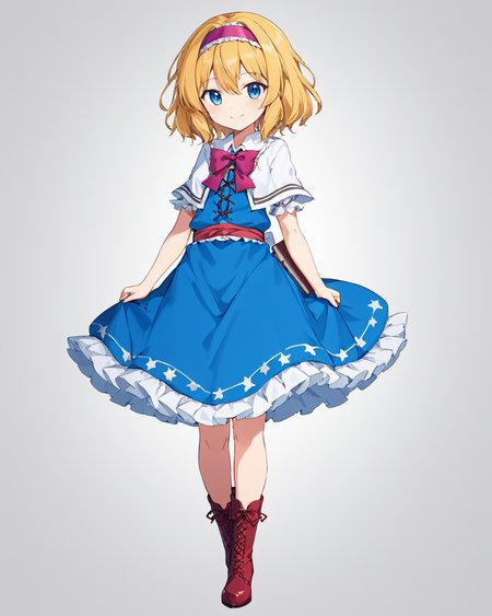 alice margatroid,1girl, solo, blue_dress, full_body, white_background, boots, bloomers, white_capelet, simple_background, puffy_short_sleeves, red_bowtie, holding_book, purple_footwear, frills, high_heels, cross-laced_footwear, looking_at_viewer, red_hairband, sash, smile, standing, closed_mouth
<lora:alice_margatroid_image3379_2023-12-11-000006:1>,star-shaped_pupils,symbol-shaped_pupils,. gorgeous,key visual, vibrant, studio anime,award-winning, professional, highly detailed,high budget, cinemascope