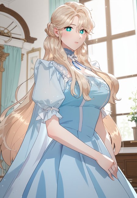 zPDXL3, score_9_up, score_8_up, score_7_up, (Anime_source),Masterpiece,(perfect female body:1.2), small waist,(incredibly detailed:1.4), slim, beautiful fingers, beautiful white skin, Beautiful clear skin, perky breasts, looking at viewer, ass, perfect ass, (large breasts:1.3)  <lora:Erin_de_Brisia_-_A_Divorced_Evil_Lady_Bakes_Cakes-Kaleid_PONY_r1:1> erindebrisia, 1girl, blonde hair, aqua eyes, very long hair, bright pupils, blue dress