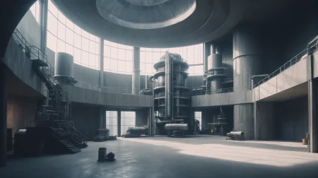 technobrutalist, cinematic color grading, natural sunlight, interior, in a bubble factory<lora:EnvyTechnobrutalistXL01:0.5>