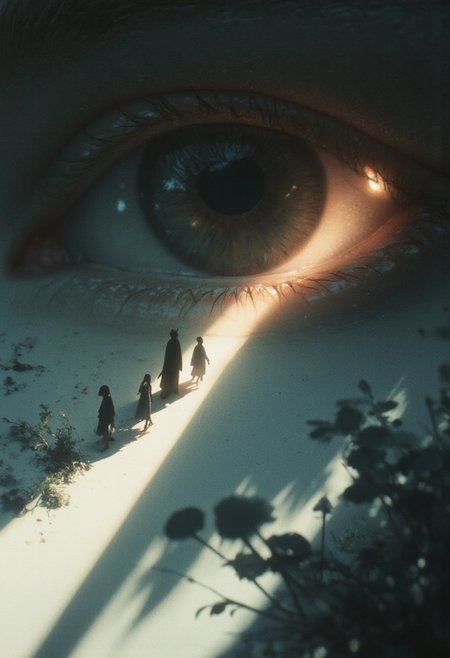 An enigmatic composition bathed in soft, diffused light, blending whispers of surrealism and melancholia. The scene unfolds in a cinematic atmosphere where subtle textures and delicate grains add depth, while the interplay of light and shadow enhances the quiet intensity of the moment. A subdued color palette merges with ethereal haze, evoking a dreamlike quality and timeless stillness. The central subject –In an extreme close-up, Henry’s eye reflects a tiny shadow puppet procession crossing a narrow thread of light. The camera pulls back to reveal the puppets marching along a precarious line cast by a ray of sunlight, their shapes flickering as though resisting the brightness.– is delicately framed, their presence balanced between mystery and intimacy. Surrounding elements, rich in symbolic undertones, anchor the narrative in an otherworldly context. Organic details like softly swaying flora or faintly glowing surfaces contrast with stark, haunting figures, creating a juxtaposition that is both poignant and surreal. The composition invites introspection, with negative space amplifying the mood's resonance. Every detail, from the atmospheric depth to the muted highlights, serves to craft an image that feels suspended in an emotional, poetic realm, steeped in quiet nostalgia.
surreal style