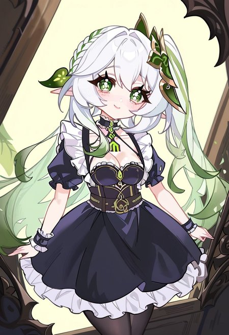 Masterpiece, best quality, highly detailed, score_9, score_8_up, score_7_up, score_6_up, score_5_up, score_4_up, 
1girl, nahida_\(genshin_impact\), green_eyes, solo, pointy_ears, multicolored_hair, small breasts,
perfect skin, big eyes, curvy body, wide hips, perfect cute face, solo, expressive, masterpiece, fancy, seductive gaze, blush on her cheeks, close-up, dynamic angle, toned thighs, wide hips, looking at viewer, dynamic angle, light smile, solo, looking at viewer, dark, underlightling, masterpiece, best quality, very aesthetic, 
black dress, puffy short sleeves, choker, frilled dress, high-waist skirt, black pantyhose, wrists cuffs, apron, belt, black footwear