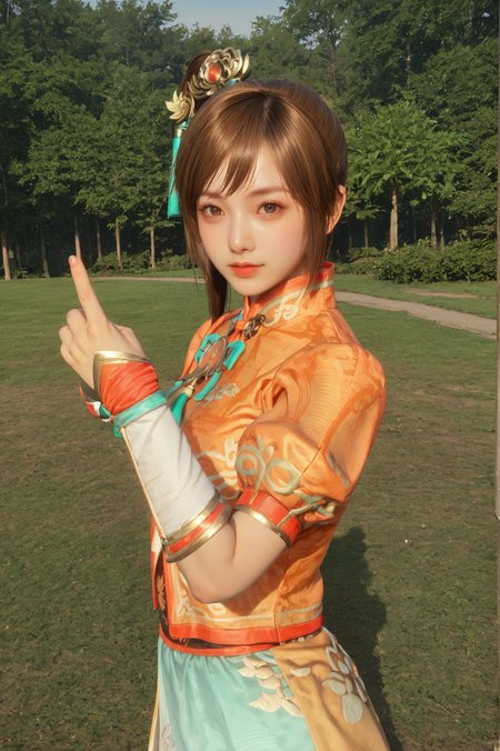 score_9, score_8_up, score_7_up, masterpiece, dynamic pose, <lora:Xiaoqiao_Dynasty_Warriors:0.8> 1girl, solo, brown hair, side ponytail, brown eyes, chinese clothes, hair ornament, outdoors, half body shot, looking at viewer