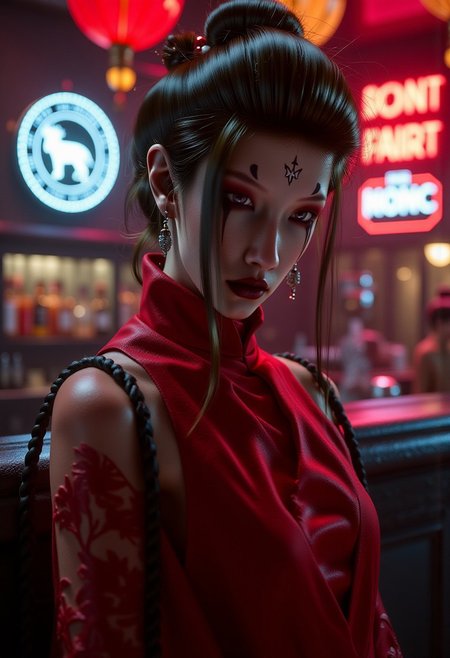 dyngru, xslx scribble, cineboke, 7-RetroFuturism, mad-dtstrm. A stunning young woman in a seductive, form-fitting red Chinese very short dress with high slits and lace-up sides, posing confidently in a sleek, modern minimalist bar. Her dark, sultry makeup with bold eyeshadow and deep lipstick enhances her mysterious allure. Cultural and artistic beauty to her appearance. She is either leaning over the bar counter, offering a teasing smile . Her expression is a playful smirk . The camera captures her from an extreme close-up . The lighting casts neon lights with a subtle **Bokeh effect** blurring the background. The hyperrealistic bar is infused with neon lights, retro vector art, glitch effects, and wireframe elements, enhancing the sleek, cyberpunk aesthetic with **sharp focus** and **cinematic lighting**.