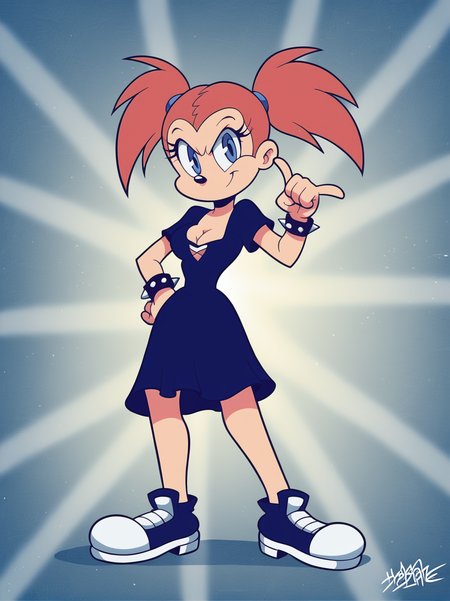 score_9, 
1girl, dress, punk clothes, two-tone hair, blue eyes, short sleeves, cleavage, medium breasts, bracelet, tattoo, twintails, spikes, one hand on hips, one hand up,
,looking at viewer, (dynamic pose:1.1), full body, colorful background, 
, RetroXL, toon \(style\), semi chibi,  <lora:RetroToonXL_Style:1>