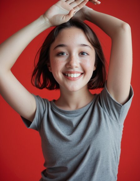 The woman in the image is wearing a grey shirt and blue jeans, with her hands raised in the air and her mouth open in a smile. She has short hair and is standing in front of a red background. The photo has a realistic style, with a focus on capturing the woman's facial features, hair, and clothing. The background elements, such as the red color and the red-tinged light, create a sense of warmth and energy, which complements the overall mood of the image. The pose and the background work together to create a sense of joy, celebration, and positivity, as the woman is expressing her happiness and excitement through her body language and facial expression